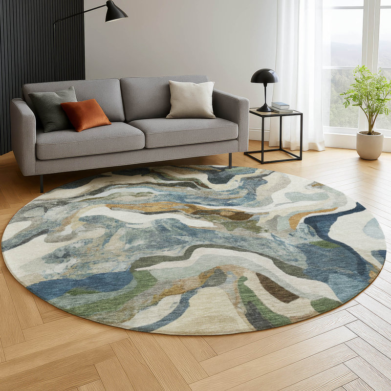 Tapis moderne lavable à la machine de qualité supérieure Mayfield AMF2162, En jean, Rond 8 pi