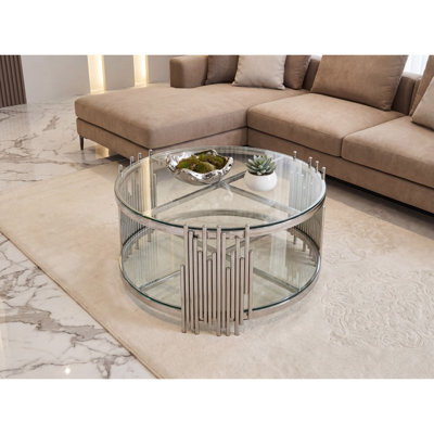 Table de salon 201 en acier inoxydable rond en verre trempé double couche et table de salon argentée L 31,5 x l 31,5 x H 17,72 pouces facile à assembler
