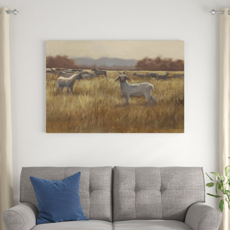 «Grazing Goats I», peinture sur toile, H 32 po x l 48 po