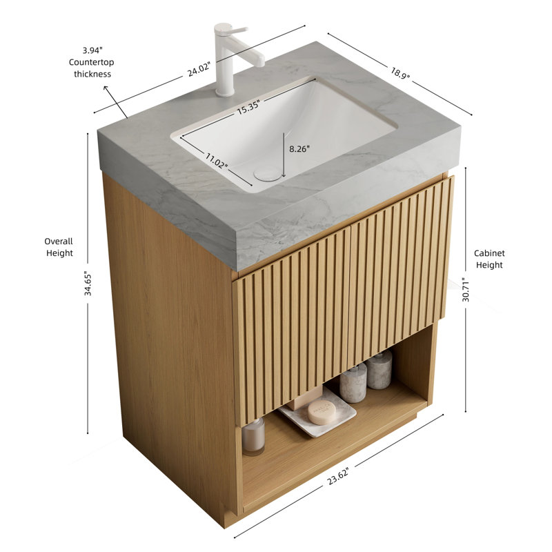 Meuble-lavabo autoportant de 61 cm avec comptoir en pierre frittée et lavabo en céramique
