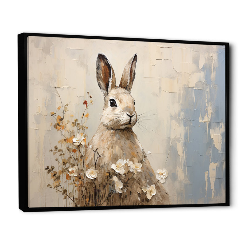 «Bunny S Curious Flower Charm I - Rabbit», art mural, Cadre flottant noir, 12" H x 20" W
