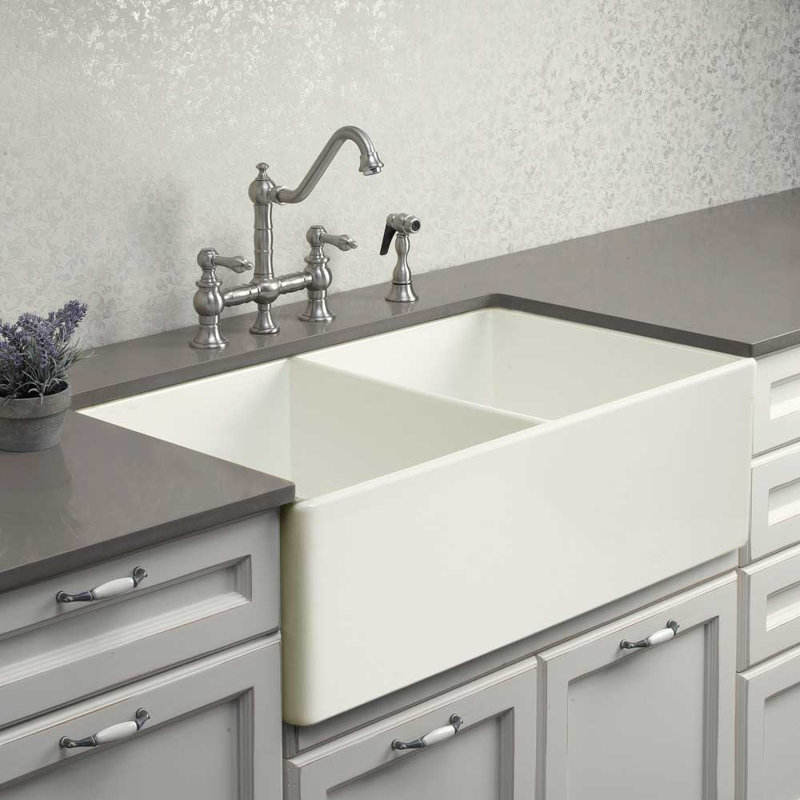Platus 33'' L Double Bowl Fireclay Kitchen Sink, Biscuit