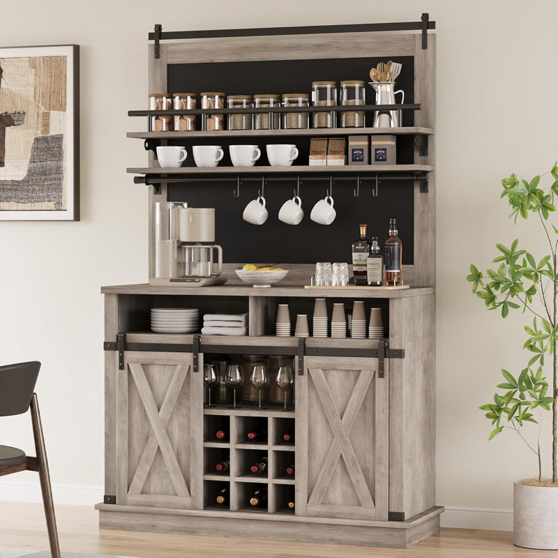 Bar Cabinet 75" Tall Coffee Hutch, Large Kitchens Farmhouse Coffee Bar Cabinet, Gray