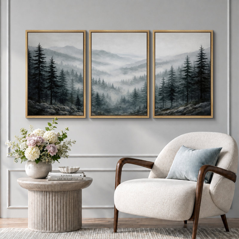 Misty Pine Mountain Landscape, 36" H x 72" W x 1.5" D, Natural Frame