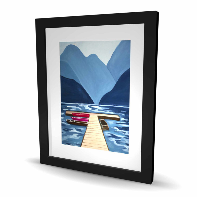 «Lake, Quai & Mountains - Beige Coastal», reproduction encadrée