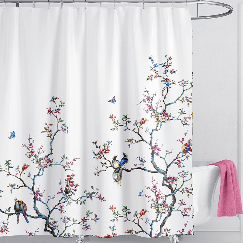 Floral Polyester Shower Curtain, White