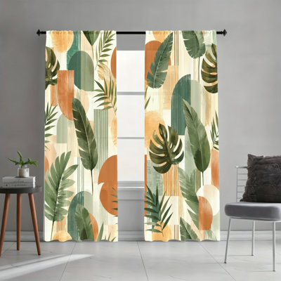 2 Pieces Tropical Leaf Geometric Pattern Light Filtering Curtains with Earth Tones Abstract Shapes, Boho Style Decor Window Treatments, Easy Hang Rod Pocket Design, All-Season for Home Living Room Bedroom Decoration