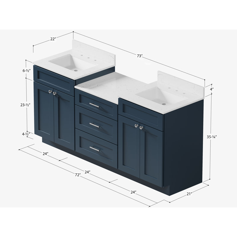 Plateau de meuble-lavabo double en bois massif avec tiroir à queue d'aronde et comptoir Carrara, Bleu, 73"
