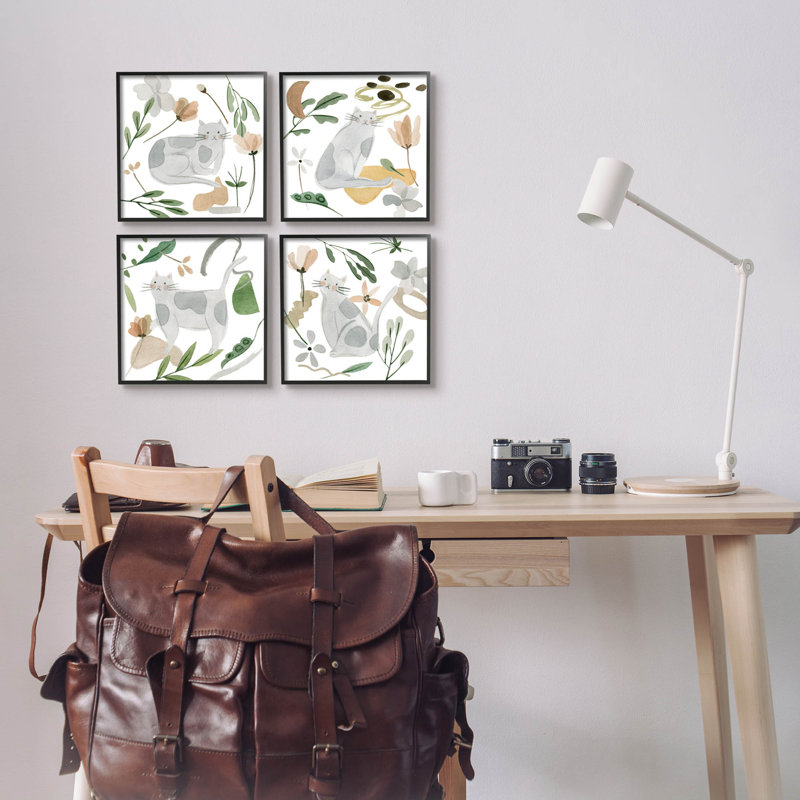 «Happy Cat Botanical Collage», ensemble de 4 giclées par Melissa Wang, Giclée encadrée noir minuit