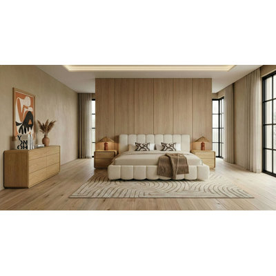 Harris + Dustin - Modern Off-white Fabric + Natural Oak 4-piece Bedroom Set