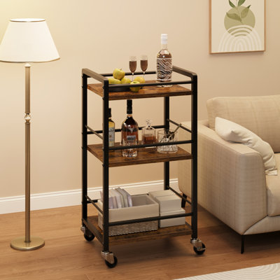 3-Tier Rolling Bar Cart with Wheels – Compact Utility Storage for Home, Kitchen, Dining or Living Room – Mobile Beverage & Coffee Station – Vintage Style – Vintage Colour