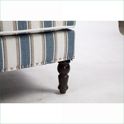 Vintage Upholstered Accent Chair, Sky Blue Off-White Striped Linen Armchair with Nailhead Trim, Single Seating for Adults for Living Room