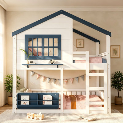 Solid Pine House Bunk Bed with Guardrails and Ladder, Double-Layer Kids Bed Frame with Built-in Storage