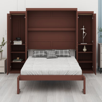 Lit escamotable en bois avec 2 garde-robe et tablette de rangement