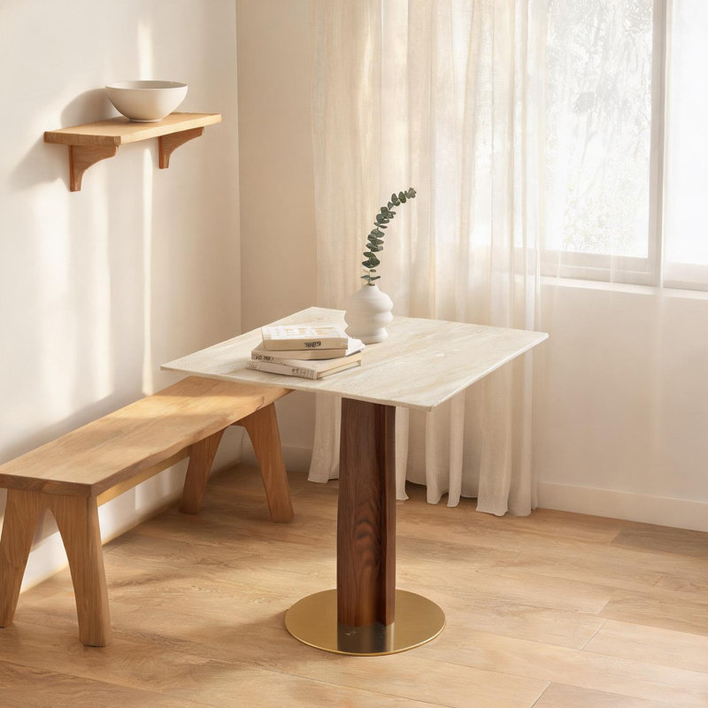 Table de salle à manger carrée moderne pour petits espaces, table de cuisine pour 2 personnes en blanc doux et or, plateau en pierre frittée de 33,5 pouces avec base en bois massif