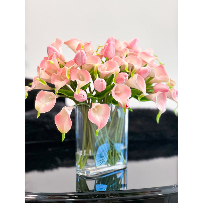 Pink Calla Lilies & Tulips Faux Floral Arrangement In Glass Vase