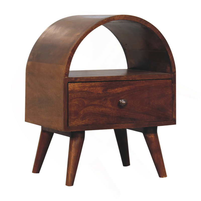 Table de chevet en bois massif dôme de châtaignier, 1 tiroir, 1 fente ouverte, brun