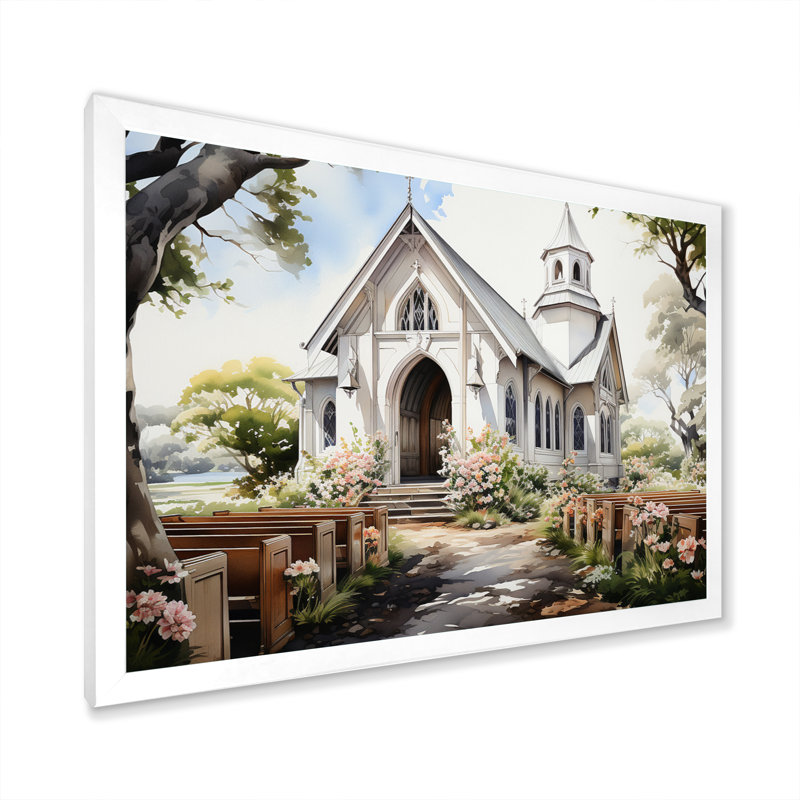 Aquarelle rustique de la chapelle blanche, Cadre simple blanc, H 34 po x l 44 po x P 1,5 po