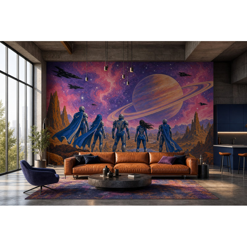 Papier peint Planète à anneaux, paysage extraterrestre de science-fiction, murale, 100"x96", Non-Woven Nonpasted