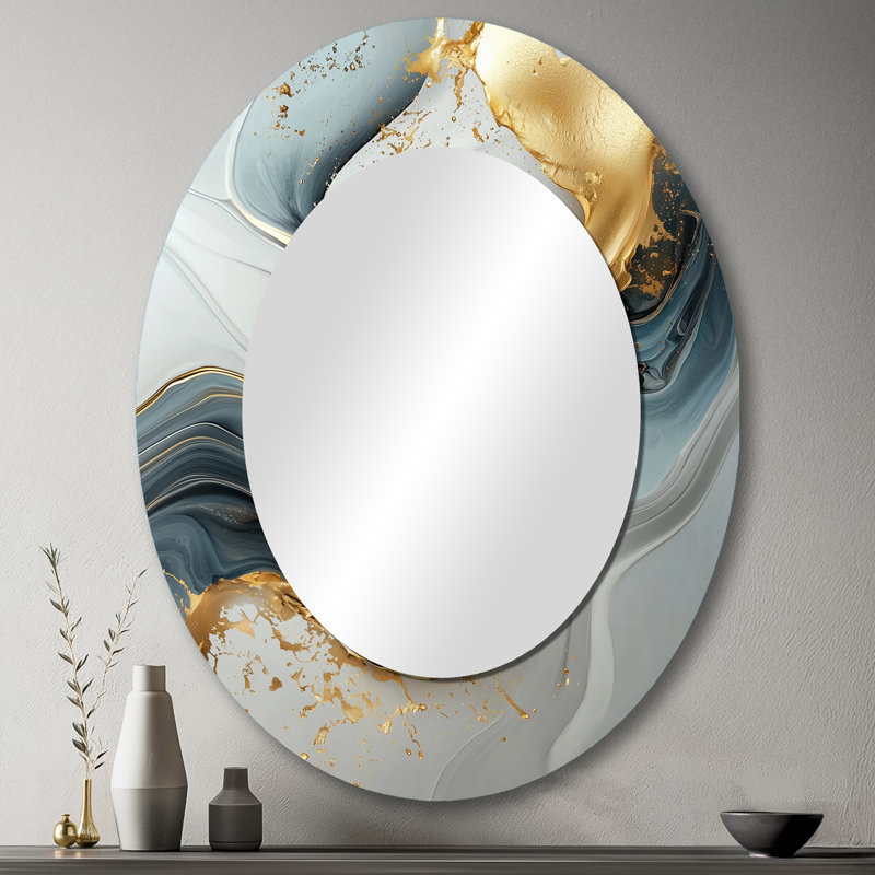 Marbre et encre liquide Silent River II - miroir mural ovale doré, 43 po x 33 po
