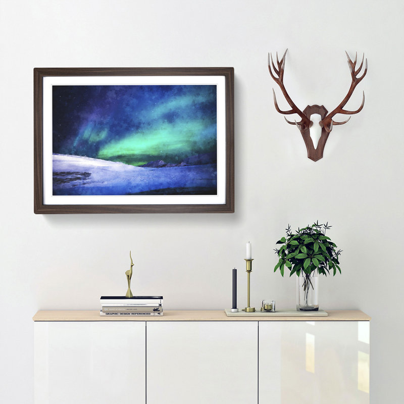 Aurora Borealis In Iceland - Single Picture Frame Painting on MDF, 24cm H x 33cm W x 2cm D, Walnut