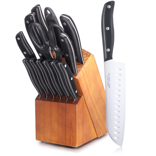 Basics 14-Piece Kitchen Knife Set with High-Carbon Stainless-Steel  Blades and Pine Wood Block, Black