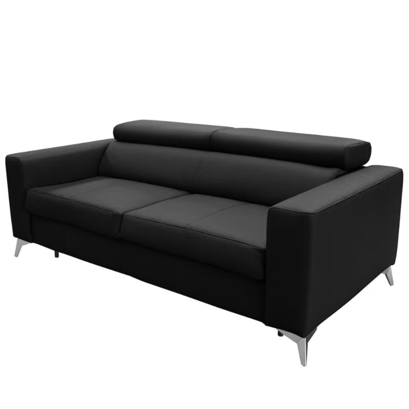 Lucy Genuine Leather Fold-out Sleeper Sofa with Mattress and Adjustable Headrests, Black