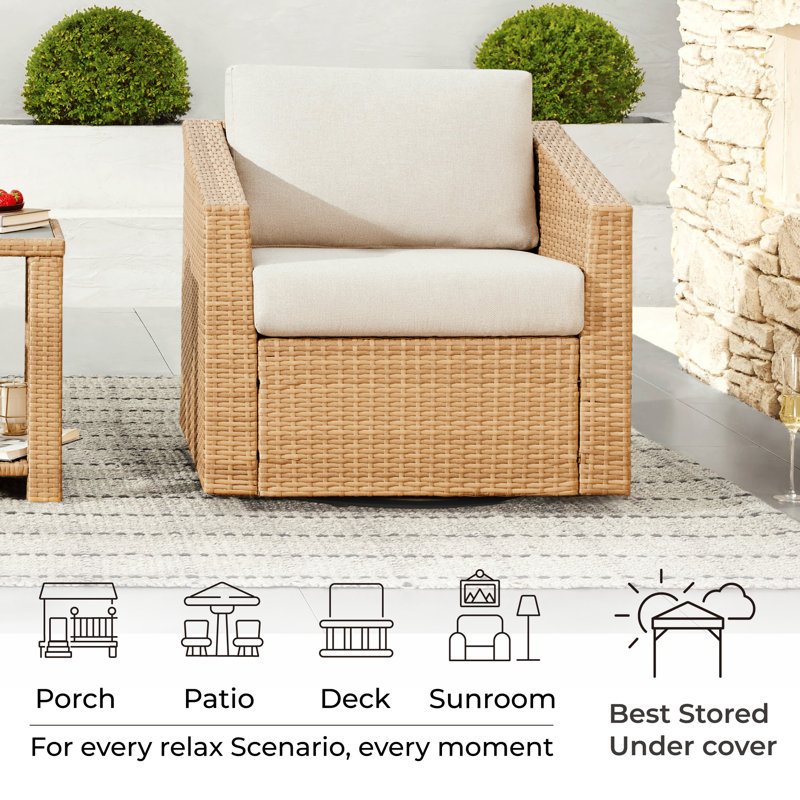 Tiaka Outdoor Swivel Rattan Single Patio Chair with Ottoman, Beige, Brown, No