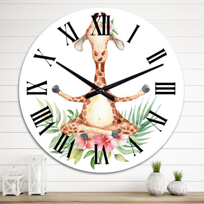 Dessin de girafe avec fleurs tropicales II - Horloge murale pour enfants