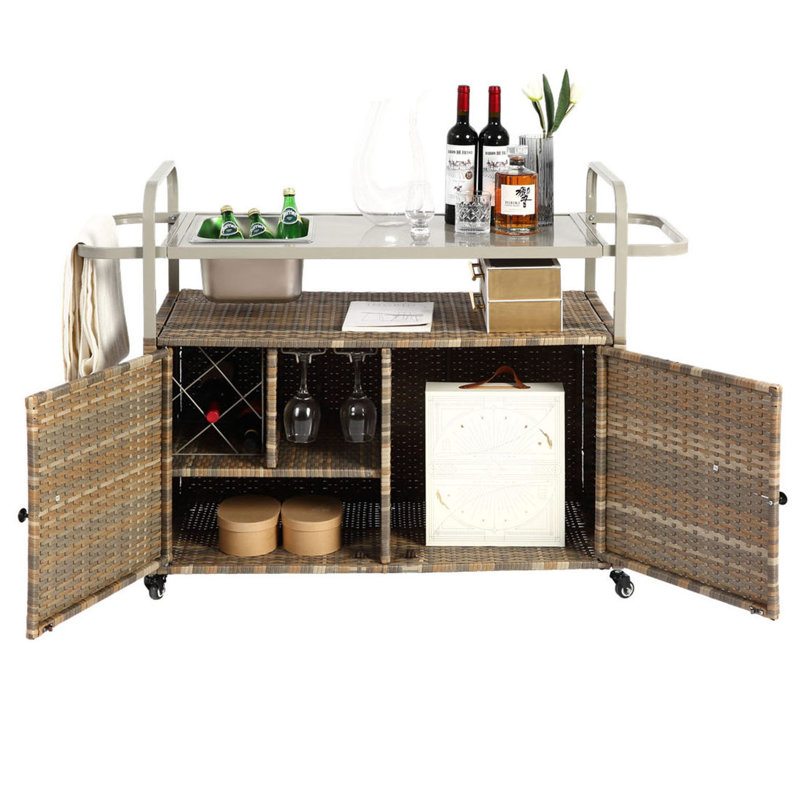 Portable Outdoor Wicker Bar Table, Wheels, Steel Table Top For Patio Kitchen And Bar Cart, Beige