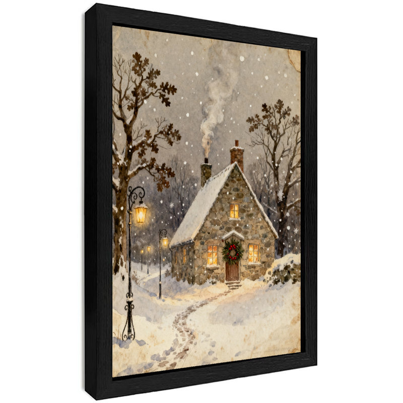 Black Framed Vintage Winter smoke house Wall Art Retro Style Framed Prints, 11" H x 9" W