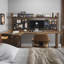 Noyer clair + bureau en bois massif en forme de L noir + fer-1126092170-1126092168