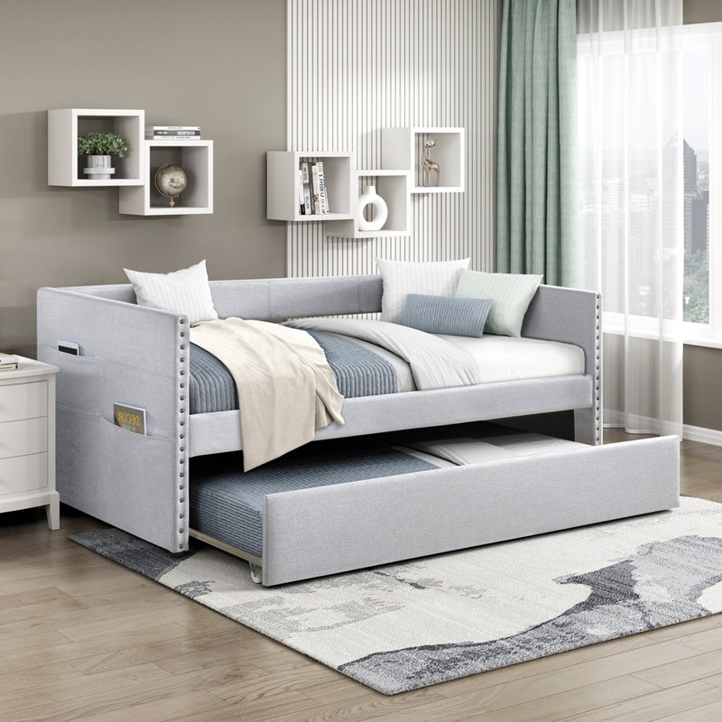 Modern Daybed Pull-out Trundle Side Pockets Light Gray Upholstery Nailhead Trim Bedroom Living Room Furniture 1pc, Light Gray