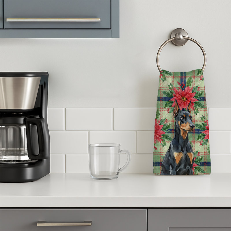 Doberman Pinscher Christmas PoinsettIas Kitchen Towel, Black/Brown Doberman Pinscher