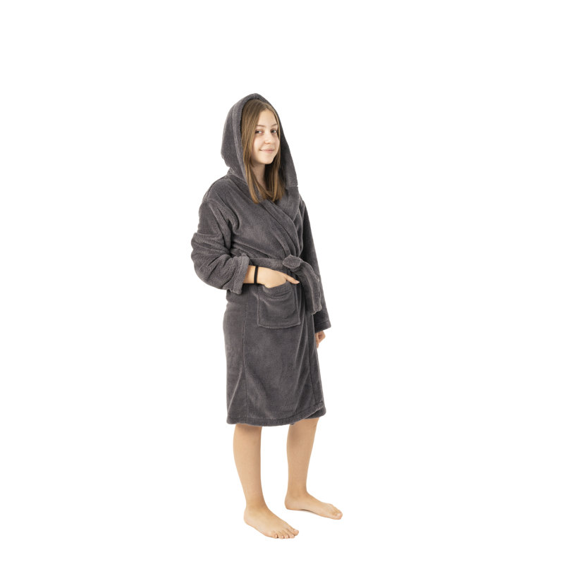 Peignoir 100% microfibre en molleton avec poches et capuche pour les enfants, M, gris