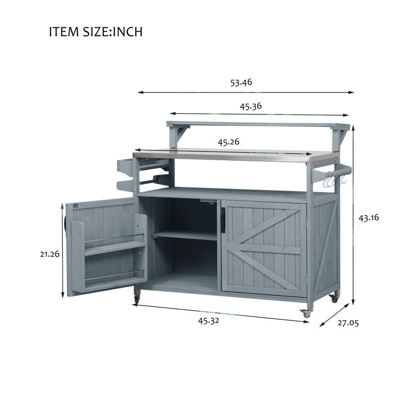 Outdoor Kitchen Island Bar Table With Raised Shelf And Storage Rack, Blue/Gray