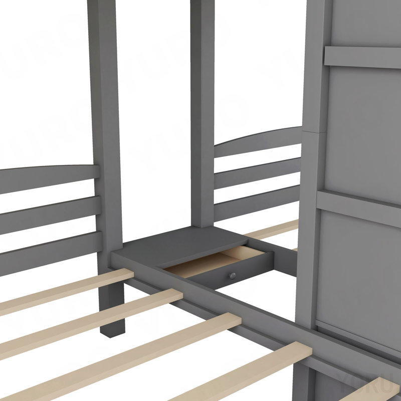 Lit simple au-dessus et superposé gris avec escalier et support - crée un espace de rangement pratique