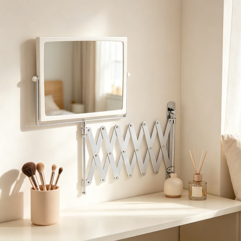 Miroir mural pivotant à deux côtés avec grossissement 5X, bras d'extension de 30 pouces, miroir de meuble-lavabo réglable pour la salle de bain, grossissement 1X et 5X, chrome et blanc, J2020C