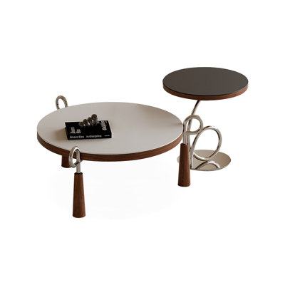 White Stone + Solid wood + Stainless steel Round Coffee Table Sets