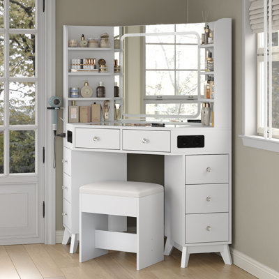 Corner Jamair Desk With Bluetooth Speaker, Modern Makeup Jamair With Mirror And Lights, 3 Color Lighting Modes, 8 Drawers And 6 Shelves Jamair Set, Glass Top Dressing Table With Chair For Bedroom
