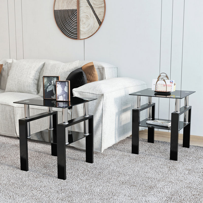 Ensemble de table en verre 2 pièces, plateau trempé et tablette givrée, Noir