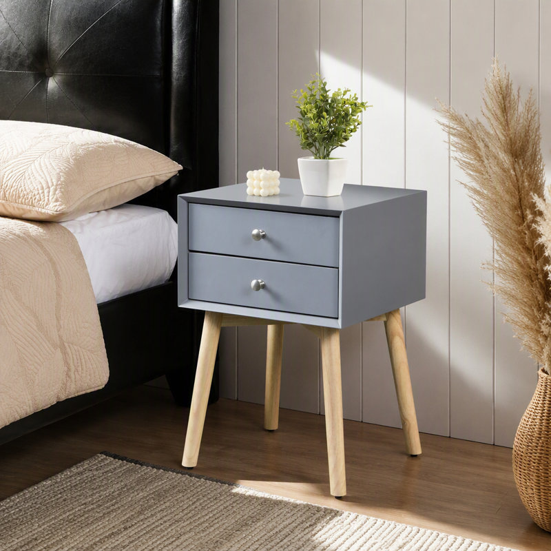 Table d'appoint, table de chevet avec 2 tiroirs et pieds en bois d'hévéa, armoire de rangement moderne Mid-Century pour le salon de la chambre à coucher