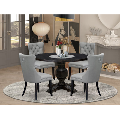 5 Piece Dining Table Set Contains a 48" Round Table with Pedestal and 4 Light Gray Polyester Fabric Parson Chairs, Sand Blasted Black
