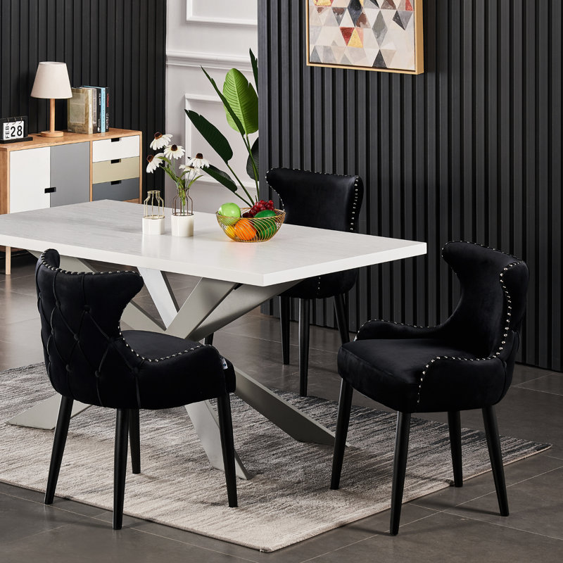 Ricky 4 Person Dining set - a Rectangular Wooden Dining Table with Metal Legs and a Set of 4 Quilted Velvet Dining Chairs for Dining Room - Modern Dining Table Set