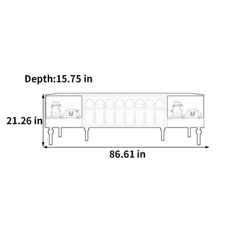 Meuble télé avec rangement peint français rétro, H 21,26 po x L 86,61 po x l 15,75 po, Blanc