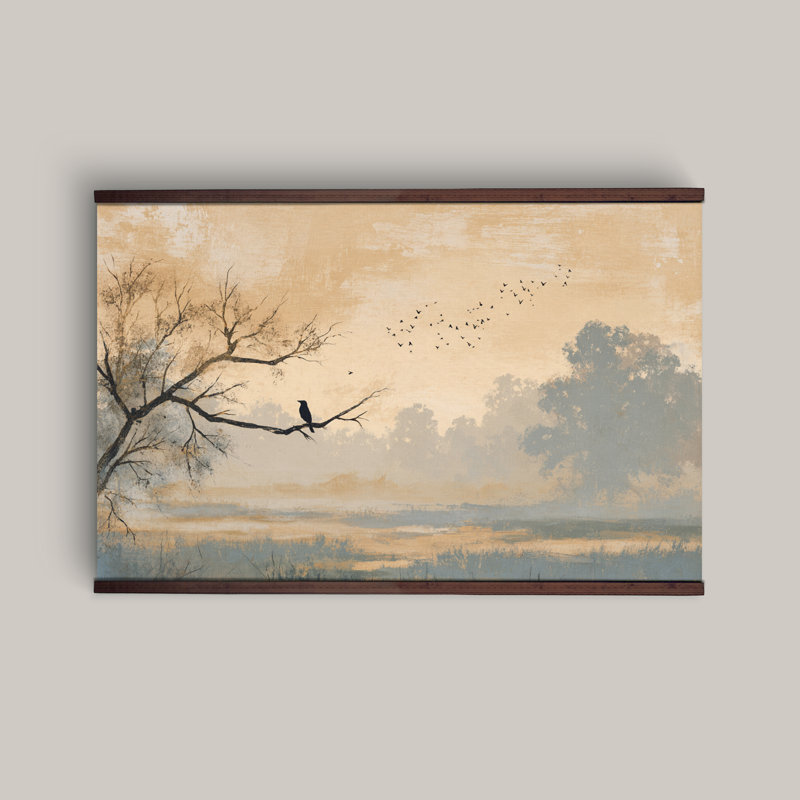 «Bird on Branch Landscape», reproduction d'art sur toile panoramique encadrée, H 32 po x l 48 po