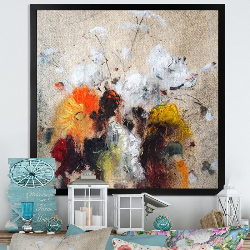 Bouquet de fleurs blanches II - on, Impression noire sur toile encadrée, H 16 po x l 16 po x P 1 po