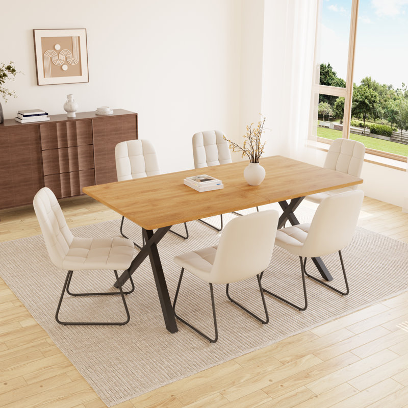 Costner 63" Modern Oak Dining Table Set For Small Spaces, 7-Piece Set With Rectangular Table & 6 Padded Leather Chairs, Compact, Sturdy & Easy To Assemble