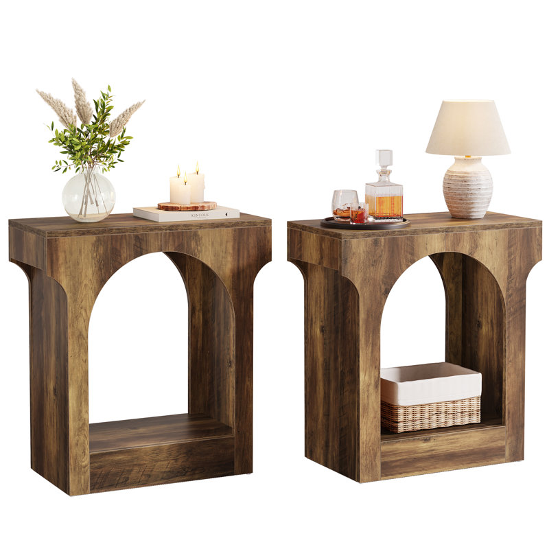 2 Tier Wood End Side Table Set With Innovative Arched Design, Brown