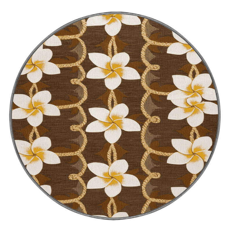 Washable Plumeria Chain Hawaiian Area Rug, Rond 3 pi